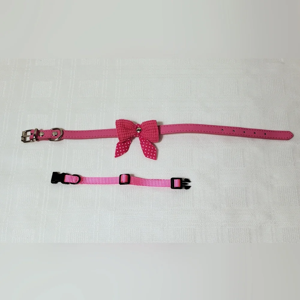 Dog Collars Vegan Leather Pink Colorful Bow Puppy Pet Animal Nylon Collar Bundle